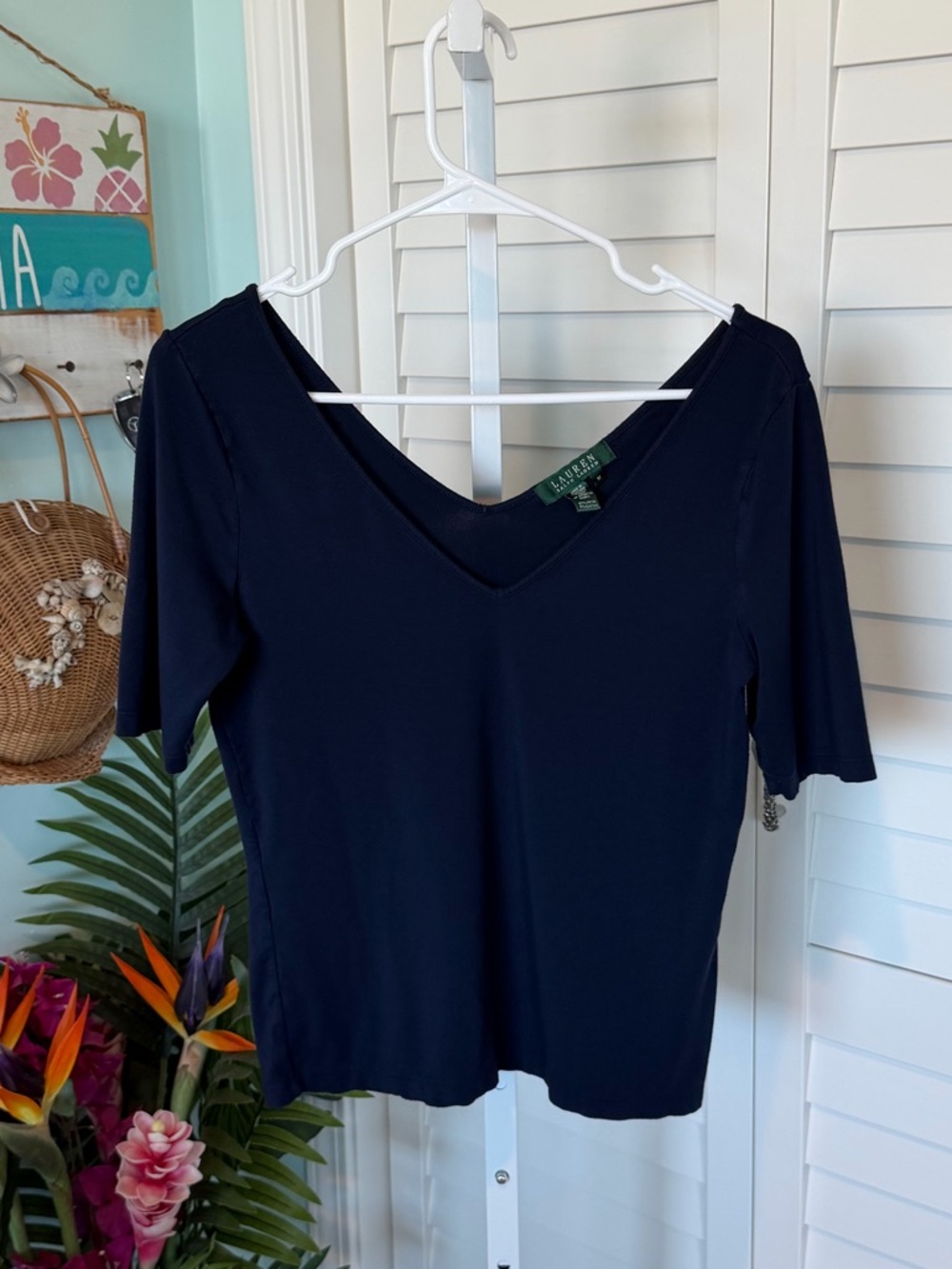 Lauren by Ralph Lauren Navy 3/4 Sleeve V-Neck Tee
